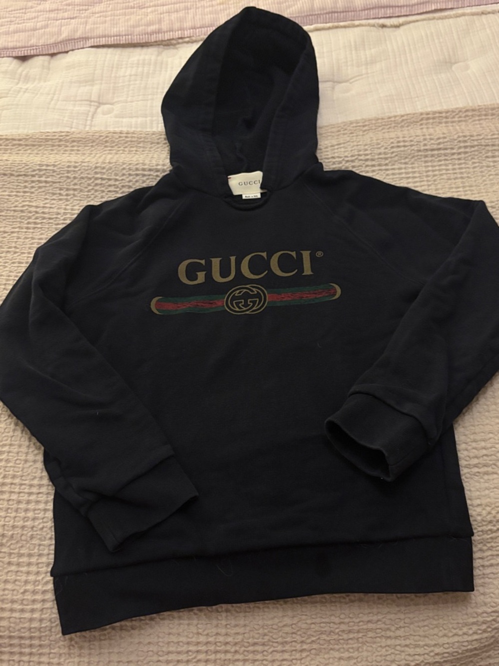 Gucci Navy Blue Logo Hoodie with Red-Green Web Stripe